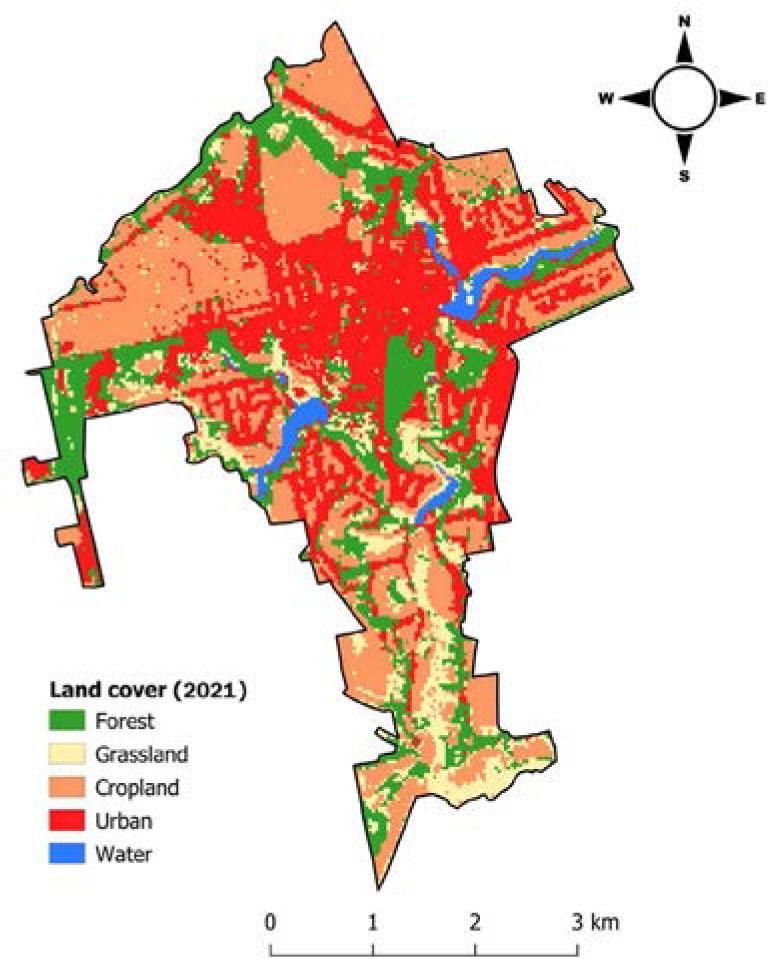 Map of land cover types of Kaharlyk as of 2021.