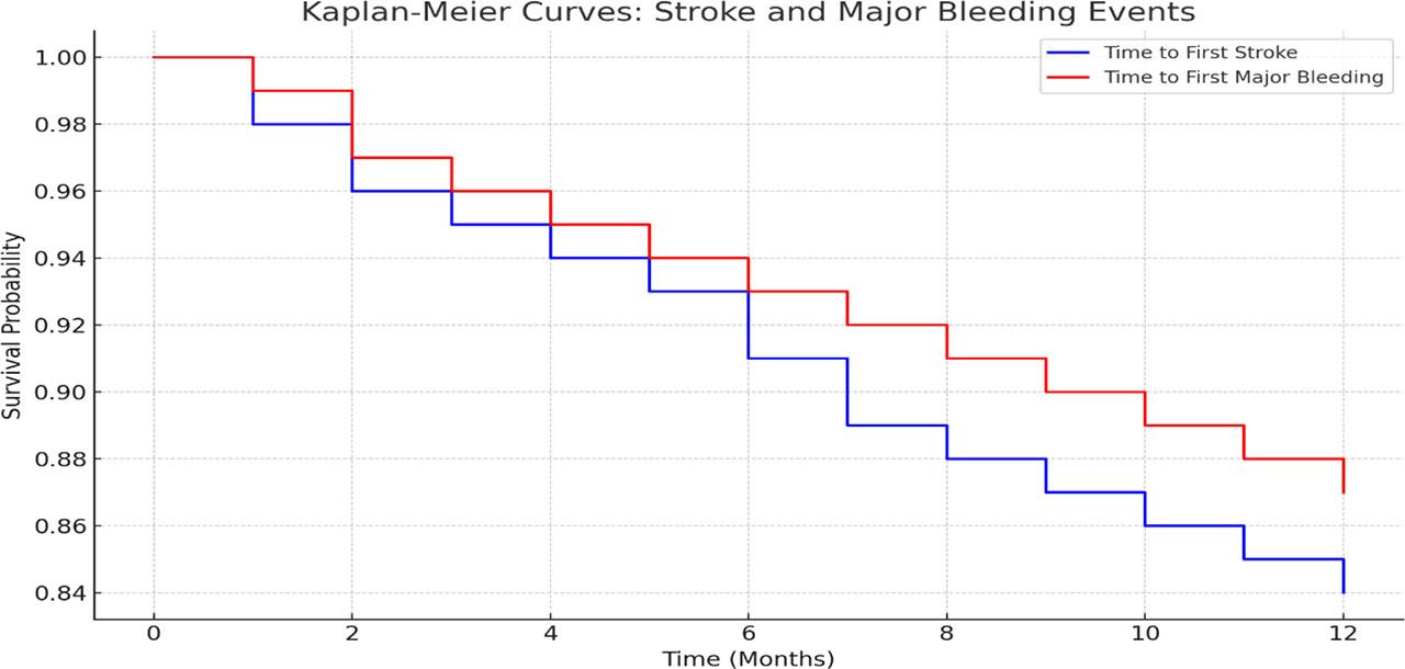 Kaplan-Meier curves showing (A) time to first stroke and (B) time to major bleeding events in the study population