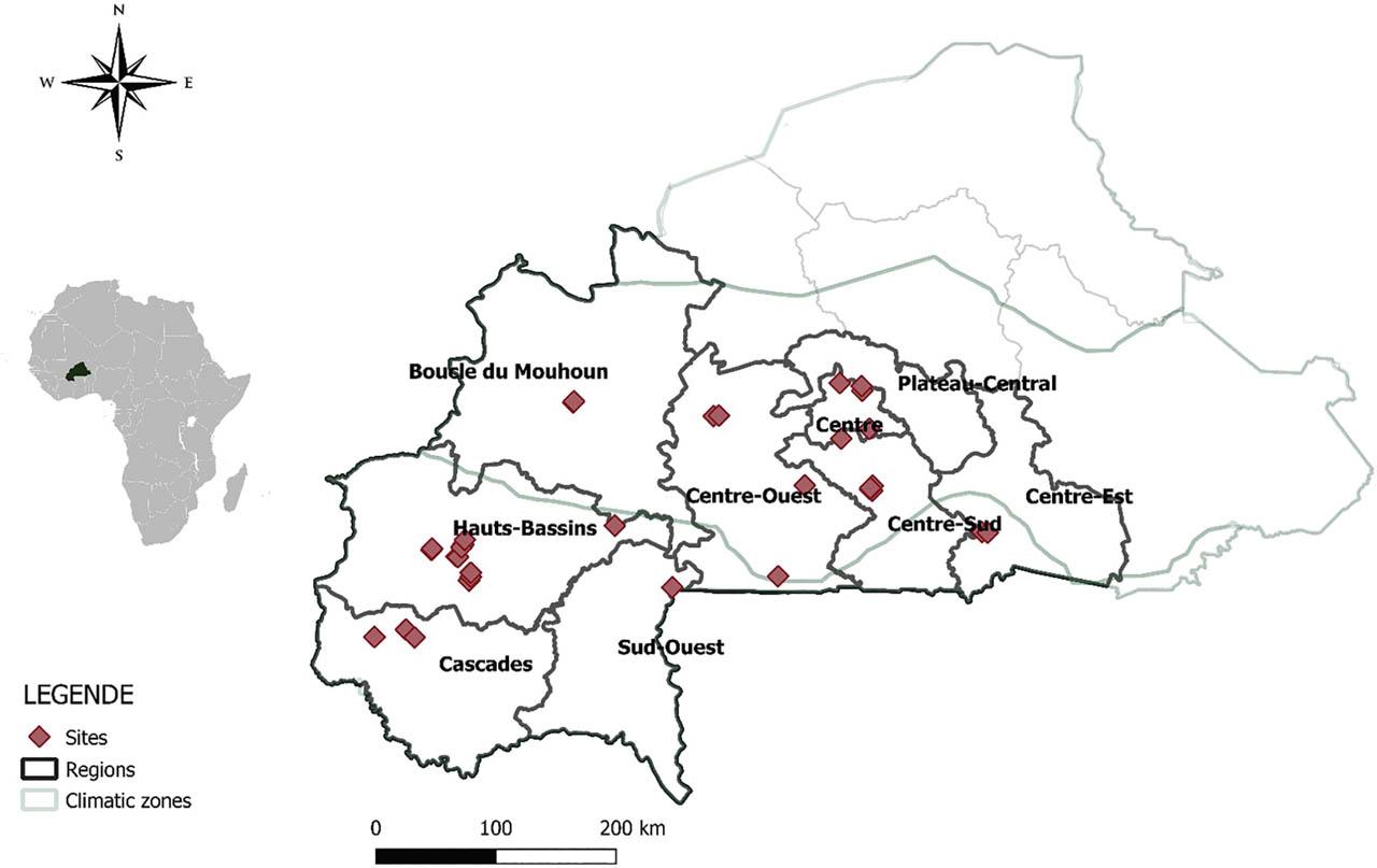 Map of Burkina Faso (administrative map) indicating the sampling sites across nine regions where nematological samples were collected.