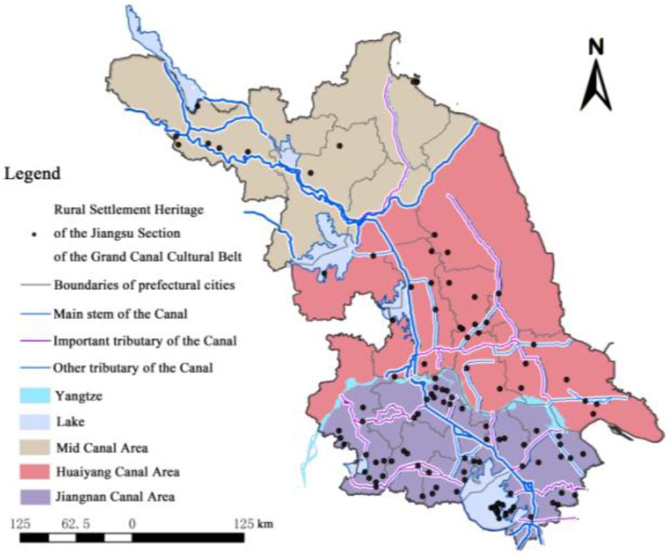 Distribution of the heritage of canal systems and rural settlements at different levels