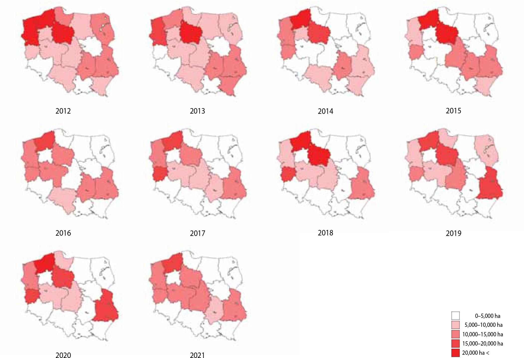 Location of Damping-off occurrence in the years 2012-2021, divided by Regional Directorates of the State Forests