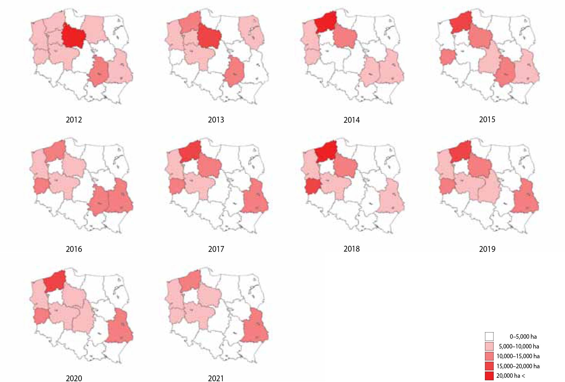 Location of Needle-cast of pine occurrence in the years 2012–2021, divided by Regional Directorates of the State Forests