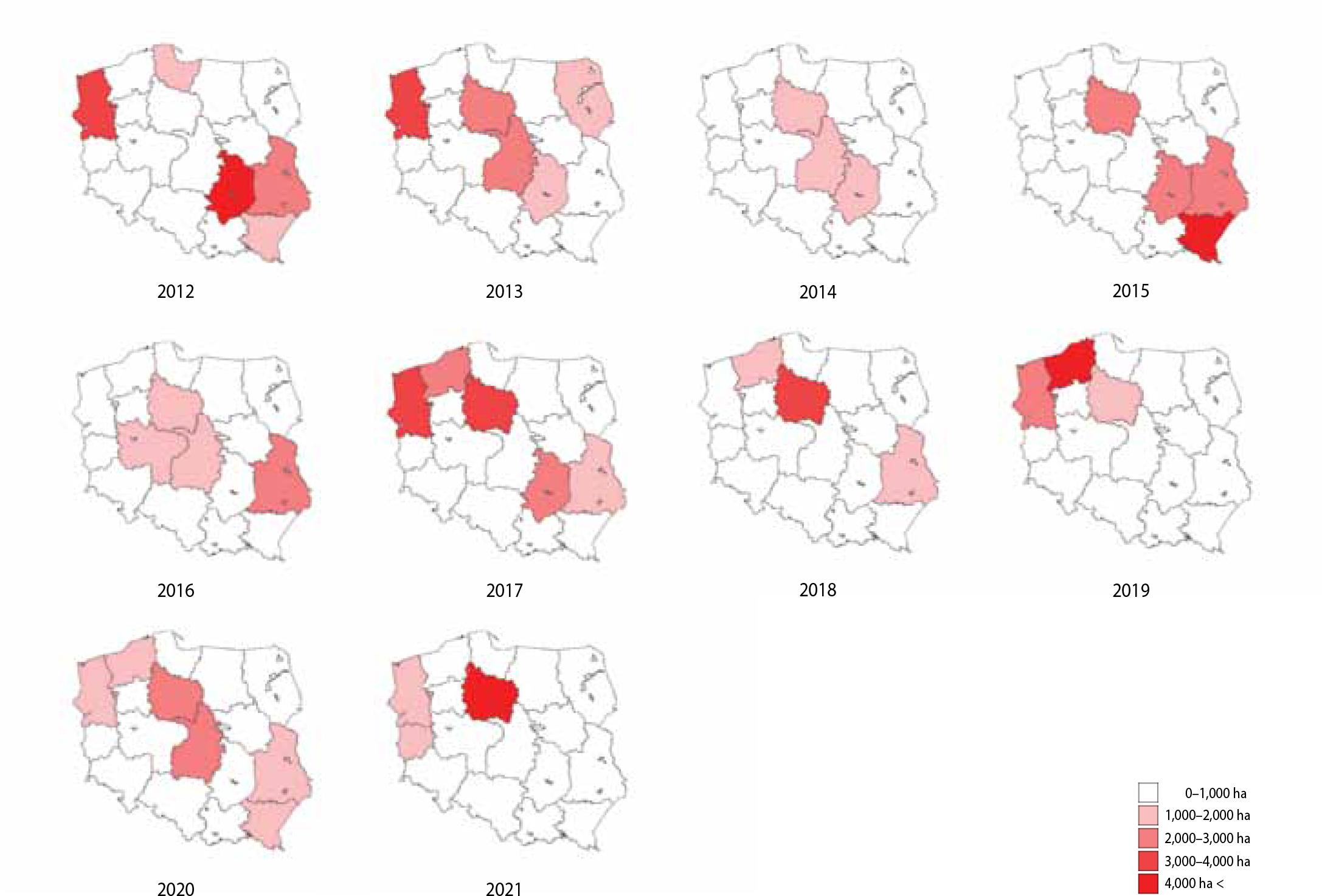 Location of Gray Mold occurrence in the period 2012–2021, divided by Regional Directorates of the State Forests