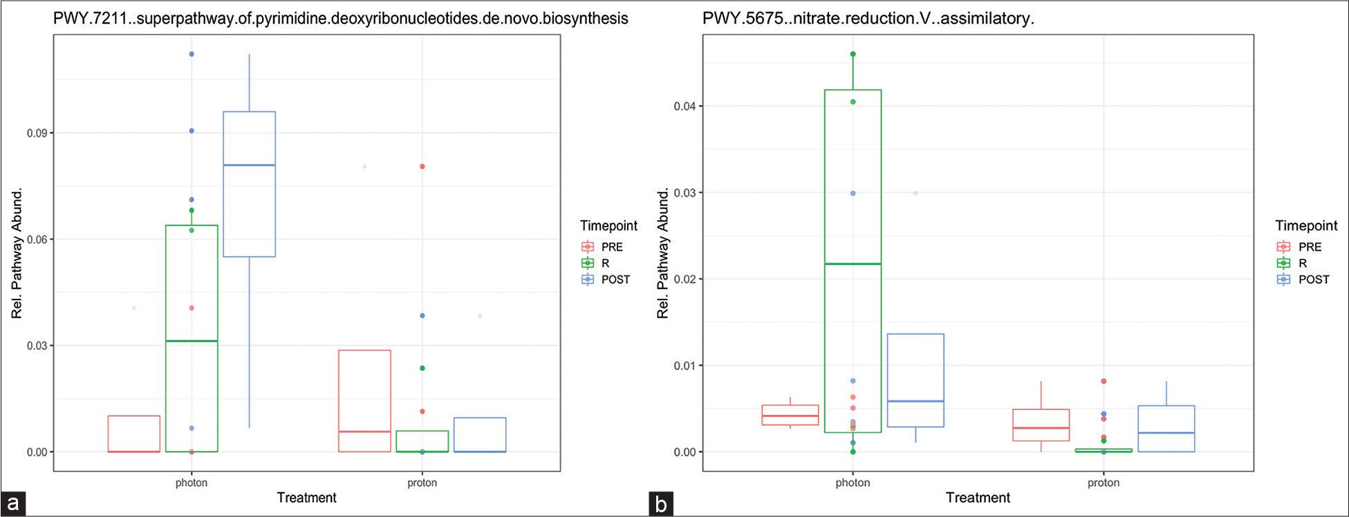 (a) Pyrimidine deoxyribonucleotides de novo biosynthesis superpathway (PWY-7211). PWY-7211 was comparatively higher after photon exposure. No significant difference was observed between the treatments and timepoints (P > 0.05). (b) Nitrate reduction V pathway. The nitrate reduction pathway was upregulation during photon treatment. No significant difference was observed between the treatments and timepoints (P > 0.05)