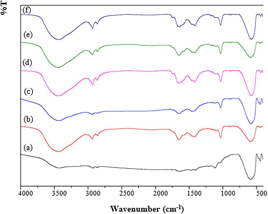 FTIR spectra of Ni1−x
Mg
x
Fe2O4 (0 ≤ x ≤ 0.5) samples.