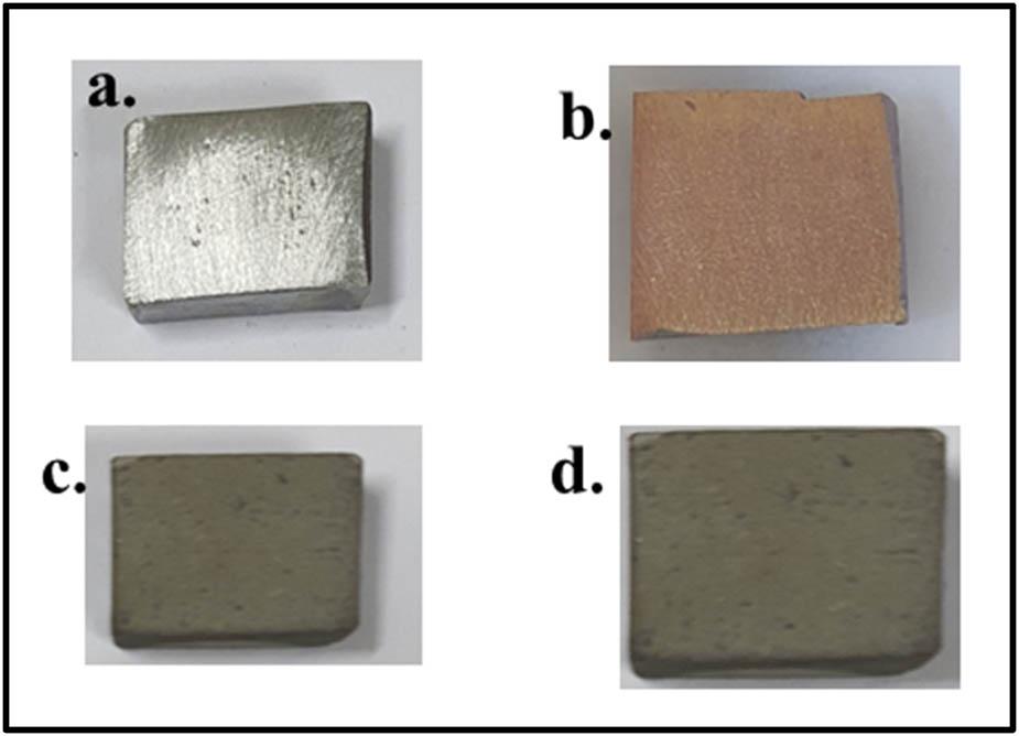 Macrographs of specimens. (a) Uncoated AISI 304L steel substrate. (b) Uncoated AISI 316L steel substrate. (c) Cr3C2–25% NiCr-coated AISI 304L steel substrate. (d) Cr3C2–25% NiCr-coated AISI 316L steel substrate.