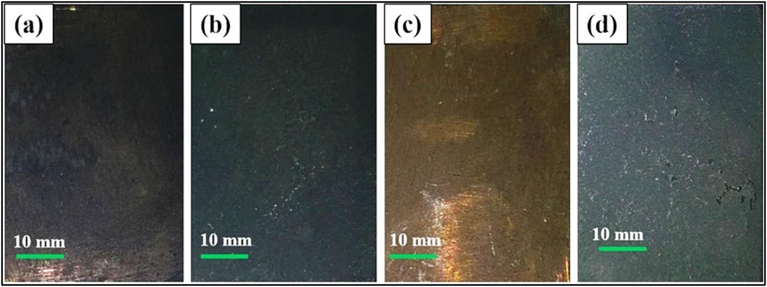 Macrographs of specimens in dry air at 750°C. (a) Uncoated 304L. (b) Coated 304L. (c) Uncoated 316L. (d) Coated 316L.