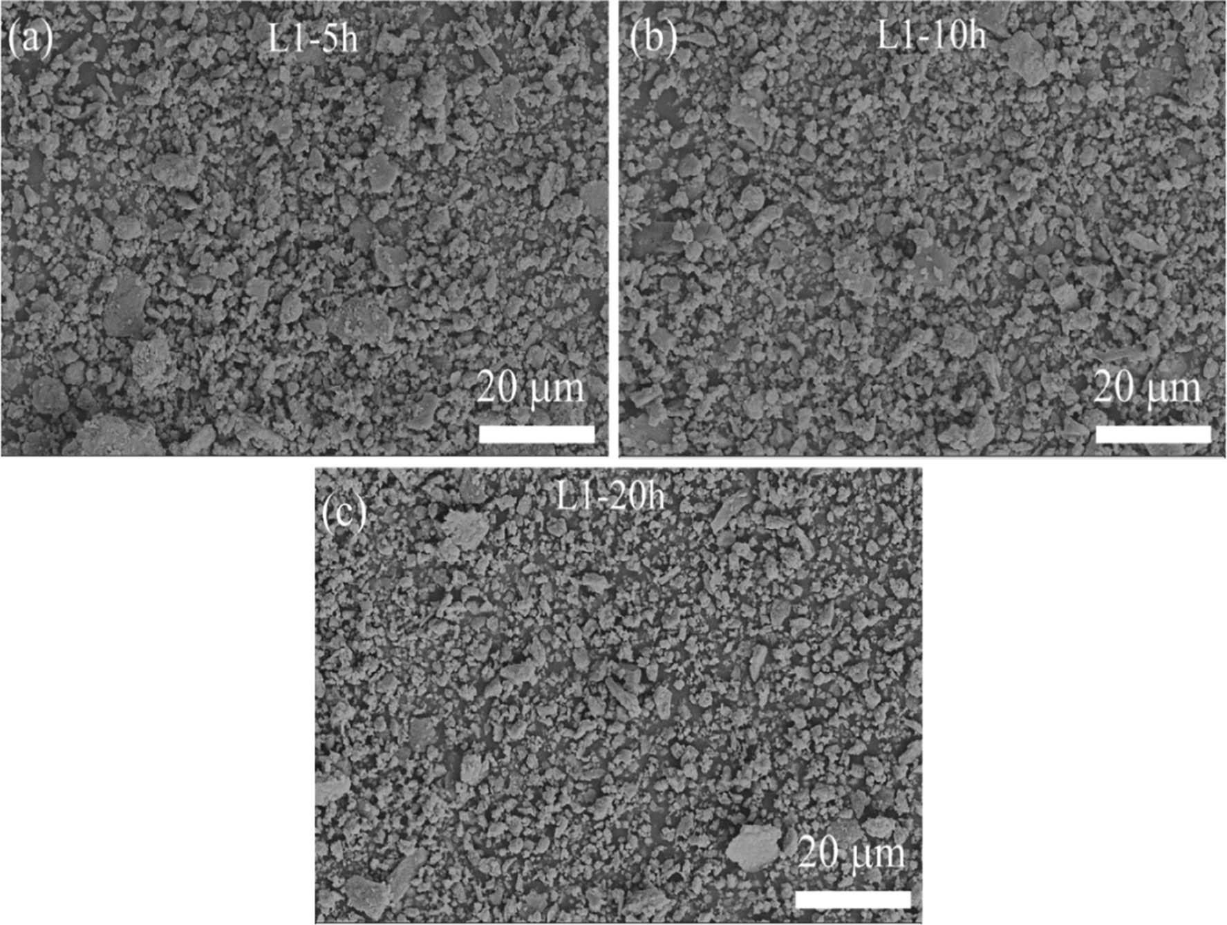 SEM images of the microstructures of MAed Mg30-Al25-Ti25-Li15-Si5 LWHEAs milled for different times (5, 15, and 20 h) showing powder surface morphology: (a) L1-5 h, (b) L1-10 h, and (c) L1-20 h.