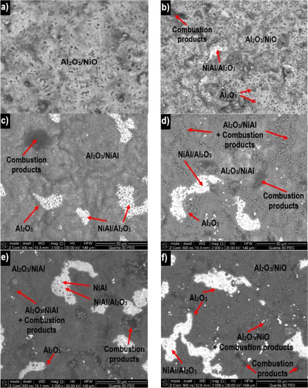 Blade surface morphology: a) new; b) 1123 K; c) 1223 K; d) 1323 K; e) 1423 K; f) 1523 K