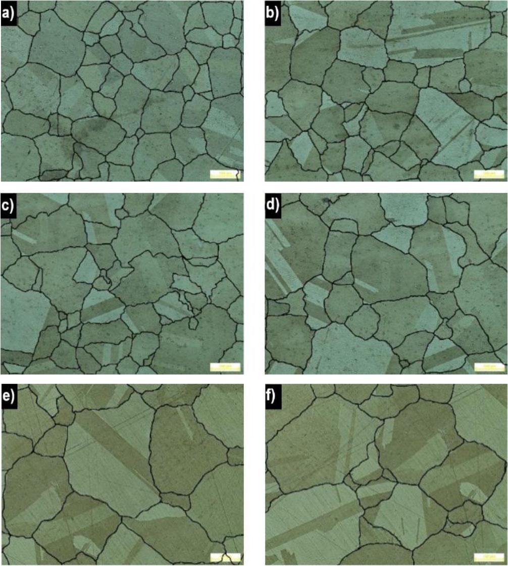 Blade alloy grain size by heating temperature: a) new; b) 1123 K; c) 1223 K; d) 1323 K; e) 1423 K; f) 1523 K