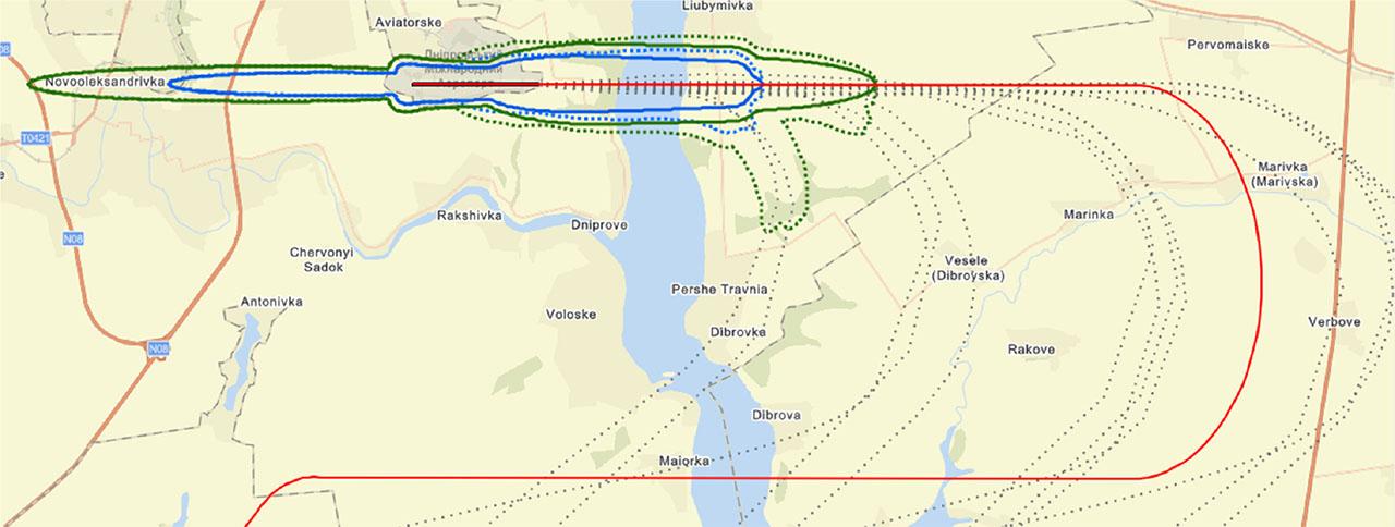 Comparison of two noise zoning strategies based on LAmax: solid red for AIP track; dotted grey for real ADS-B tracks, black for runway, green for LAmax=75 dBA, blue for LAmax=80 dBA, UKDD.