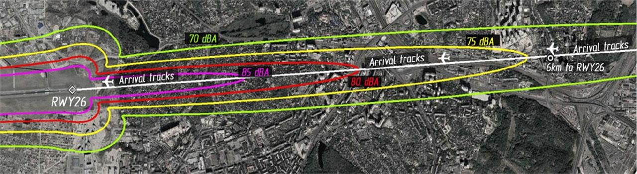 Track dispersion (white lines) during descent and arrival procedures, typical for city airports; 70–85 dBA are LAmax noise levels.