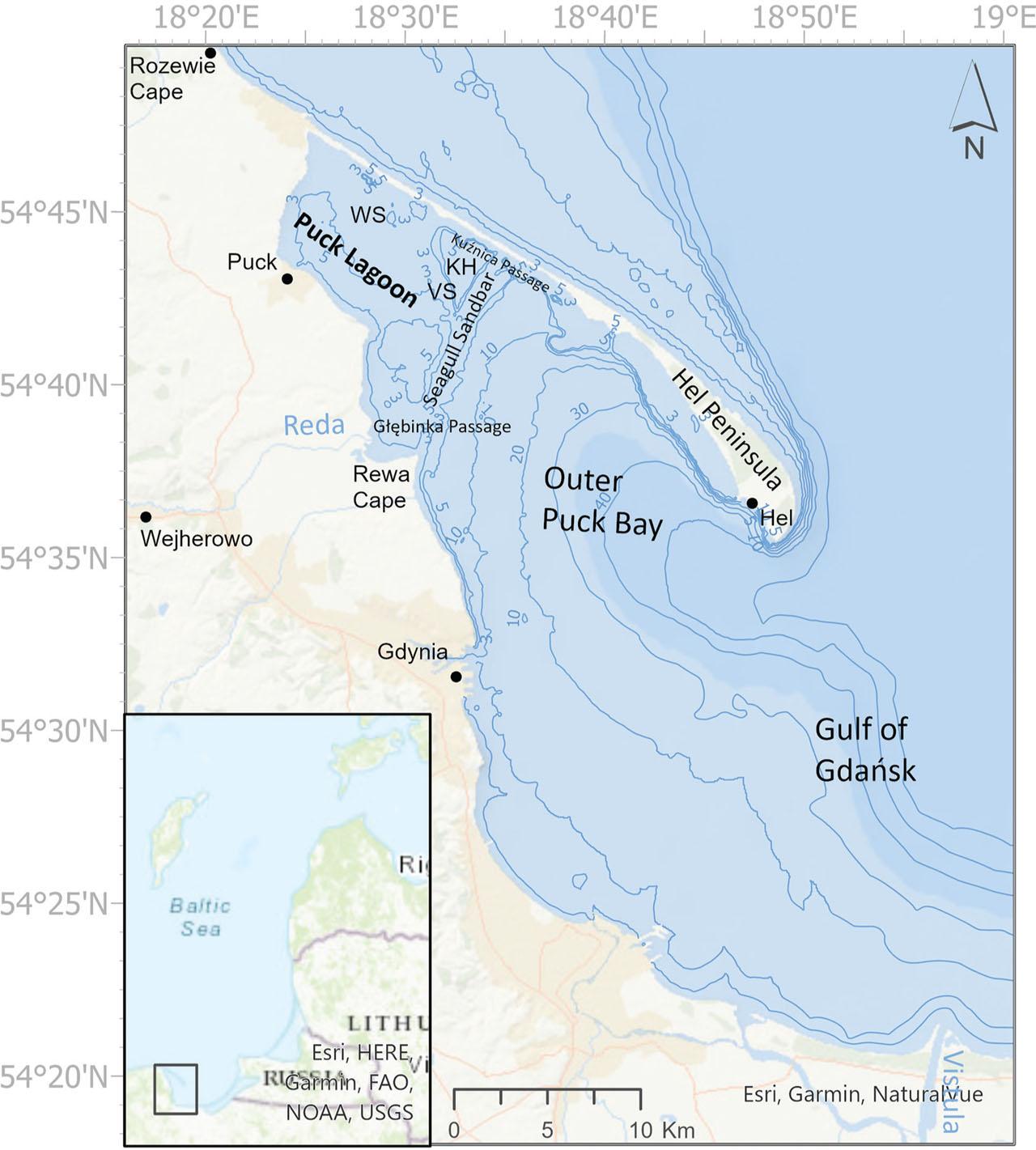Area of the Puck Bay. The shallow parts are denoted as WS and VS; the deepest part is denoted as KH. KH, Kuźnica Hollow; VS, Virgin Sands; WS, Western Sands.