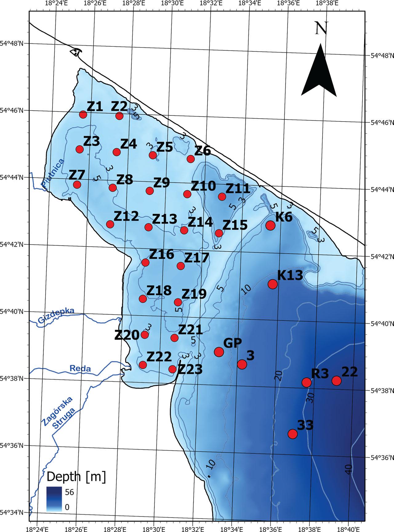 Locations of sampling sites in the Puck Lagoon and Outer Puck Bay during research in the summer of 2020–2022.