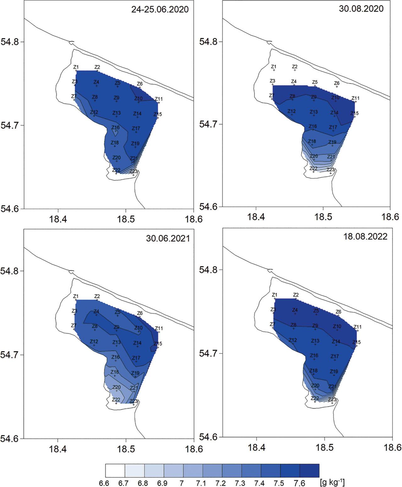 Spatial distributions of surface seawater salinity in the Puck Lagoon in the summer of 2020–2022.