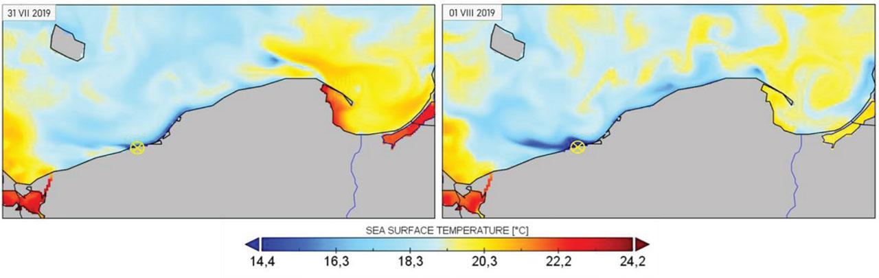 Surface water temperature from 31 July to 1 August 2019 in the southern Baltic Sea, based on (CMEMS, 2023).
