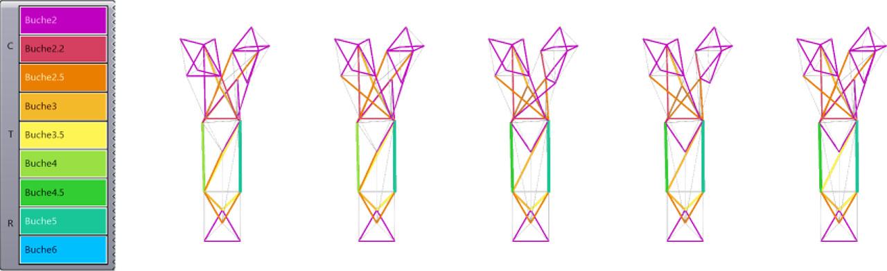 Optimized cross-sections for beech wood (color coded) for configurations T1 to T5. Dimensions of standardized circular profile cross-sections in 2, 2.2, 2.5, 3, 3.5, 4, 4.5, 5, and 6 cm in diameter