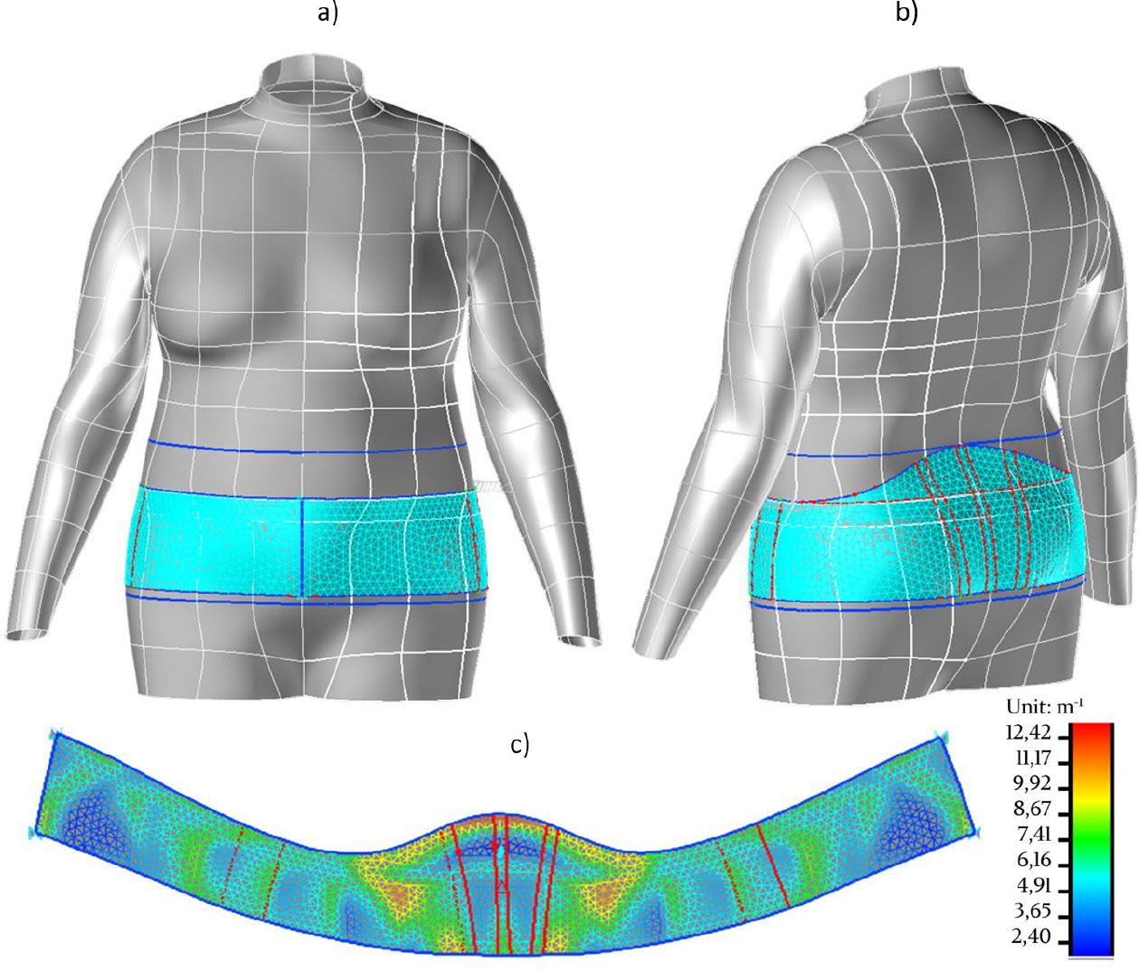 Digital design in Lectra Design Concept: adjustment of the belt pattern to a typical figure of an elderly woman front (a) and back (b). the belt pattern unfolded with scala (c)