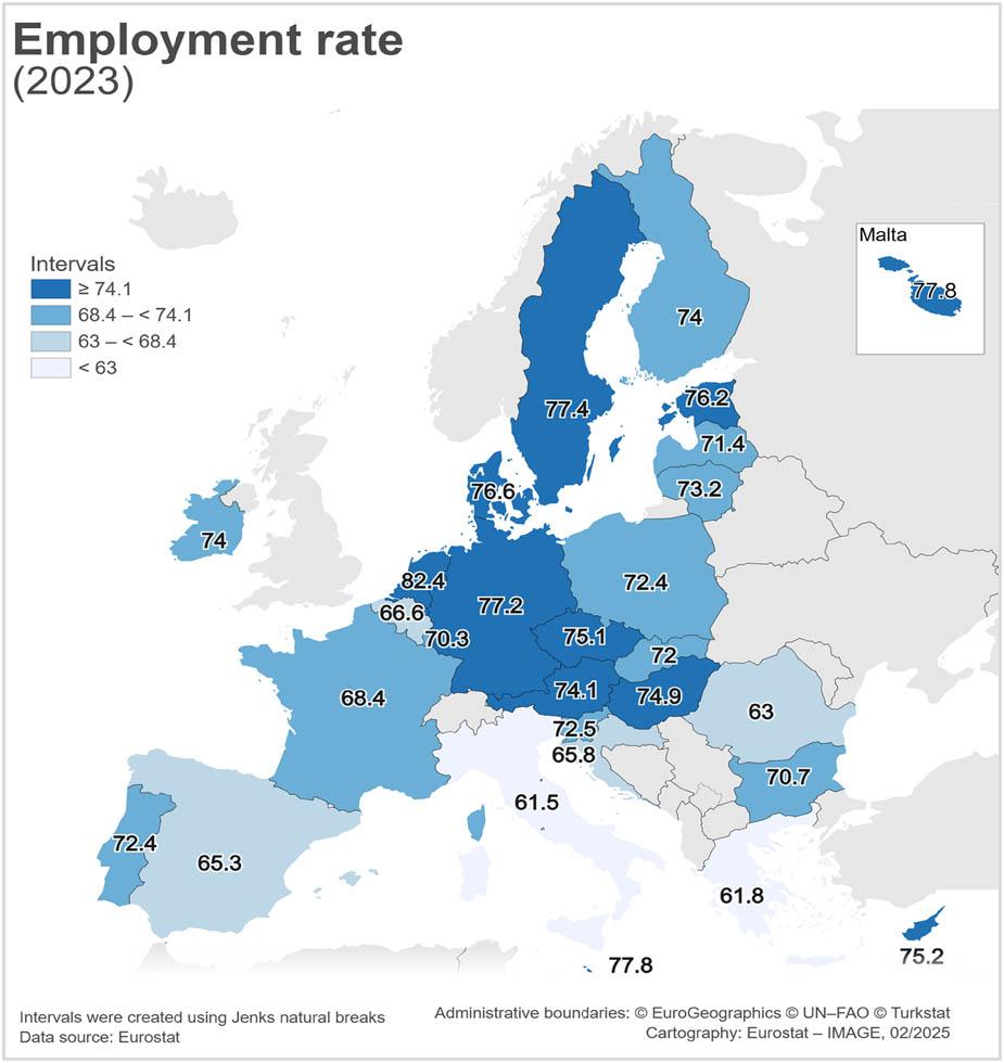 Employment rate (%), EU member states in 2023.