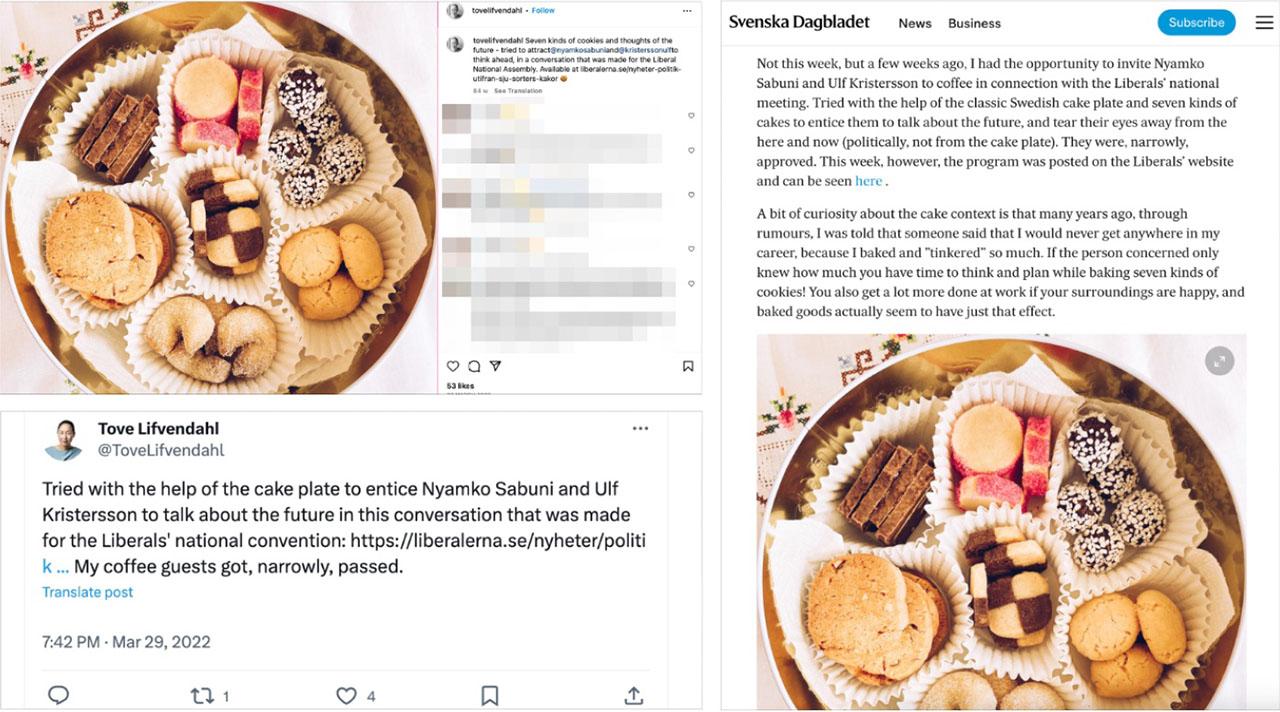 Screenshots of Instagram post, tweet, and Svenska Dagbladet article promoting the videoComments: The Instagram post (top-left), tweet (bottom-left), and Svenska Dagbladet article (right), have been auto-translated.