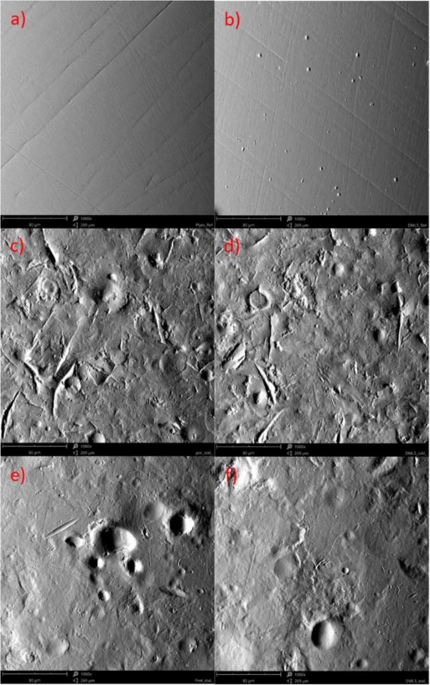 a) RP topographic mode, b) RD c) PHPG, d) PHDG, e) PHPS, f) PHDS topographic mode - SEM micrographs