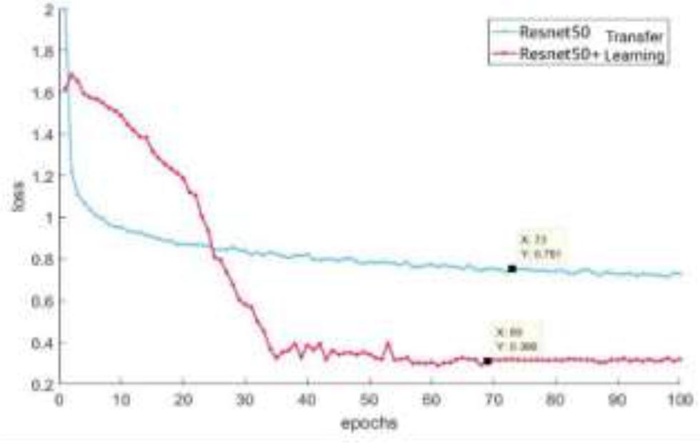 Curve between the number of iterations and the loss value with or without transfer learning