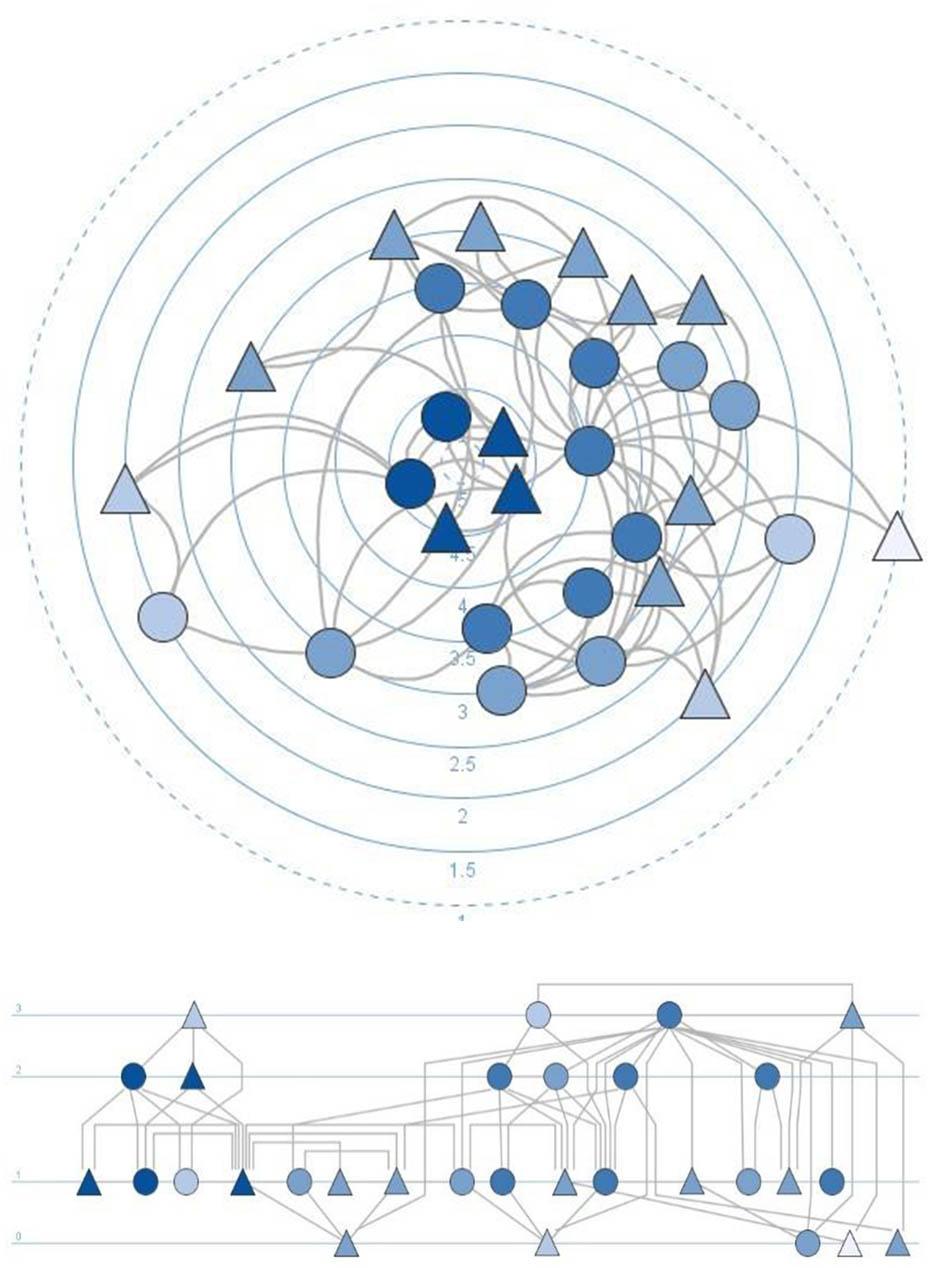 Top: Personal Network in a centrality layout with the degree of emotional closeness perceived by ego. Bottom: the same personal network arranged in different levels corresponding to a ranking of statuses. In both cases, color graduation also represents closeness, with triangles and circles representing males and females, respectively (drawings produced with visone.info).