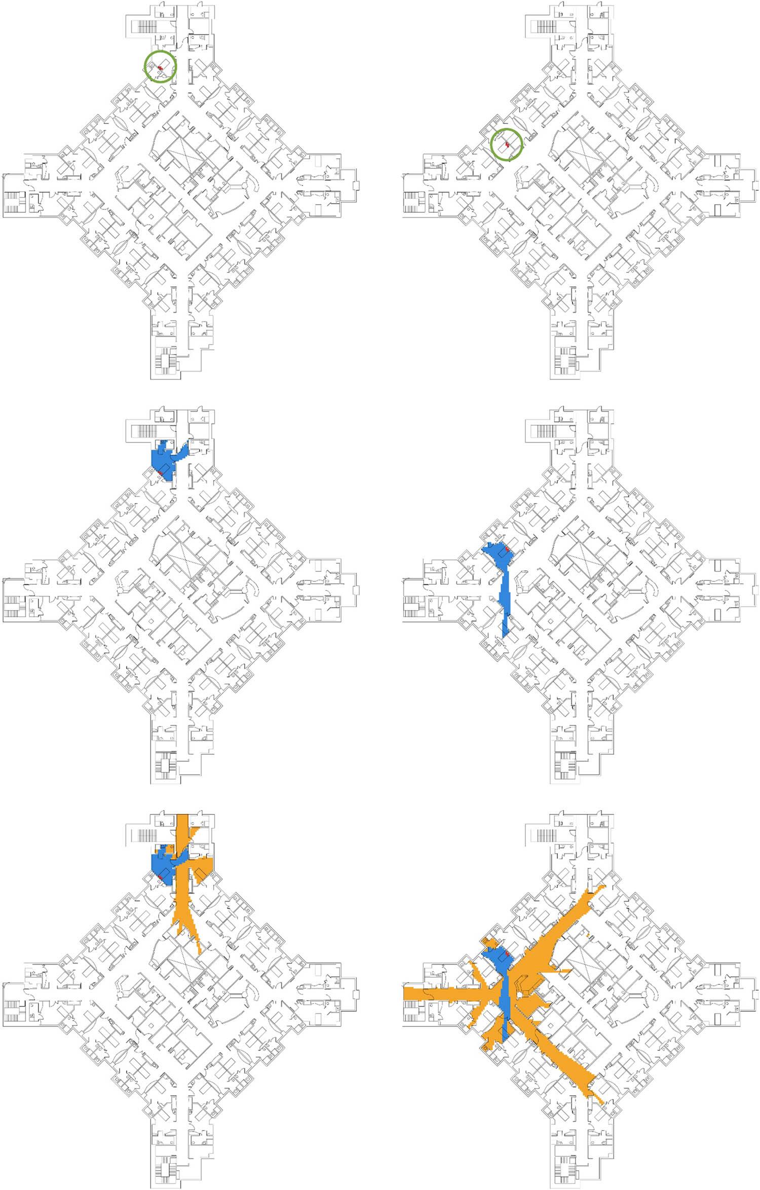 View origins, viewsheds, and isovist connectivity diagrams for two patient heads-of-bed. Note: The top row of plans marks patient heads-of-bed as several points (in red, circled). The second row shows the viewshed from these two points (in blue). The third row, in orange, marks the area visible from the initial blue viewshed and represents the concept of isovist connectivity.