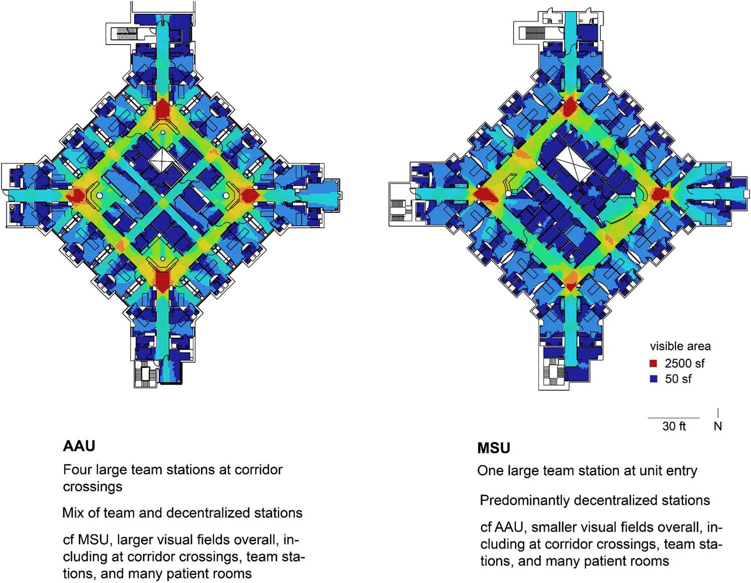 Annotated diagrams of the two inpatient units with color-coded viewshed sizes. Note: red indicates larger viewsheds, while blue indicates smaller viewsheds. AAU, acuity adaptable unit; MSU, medical-surgical unit.