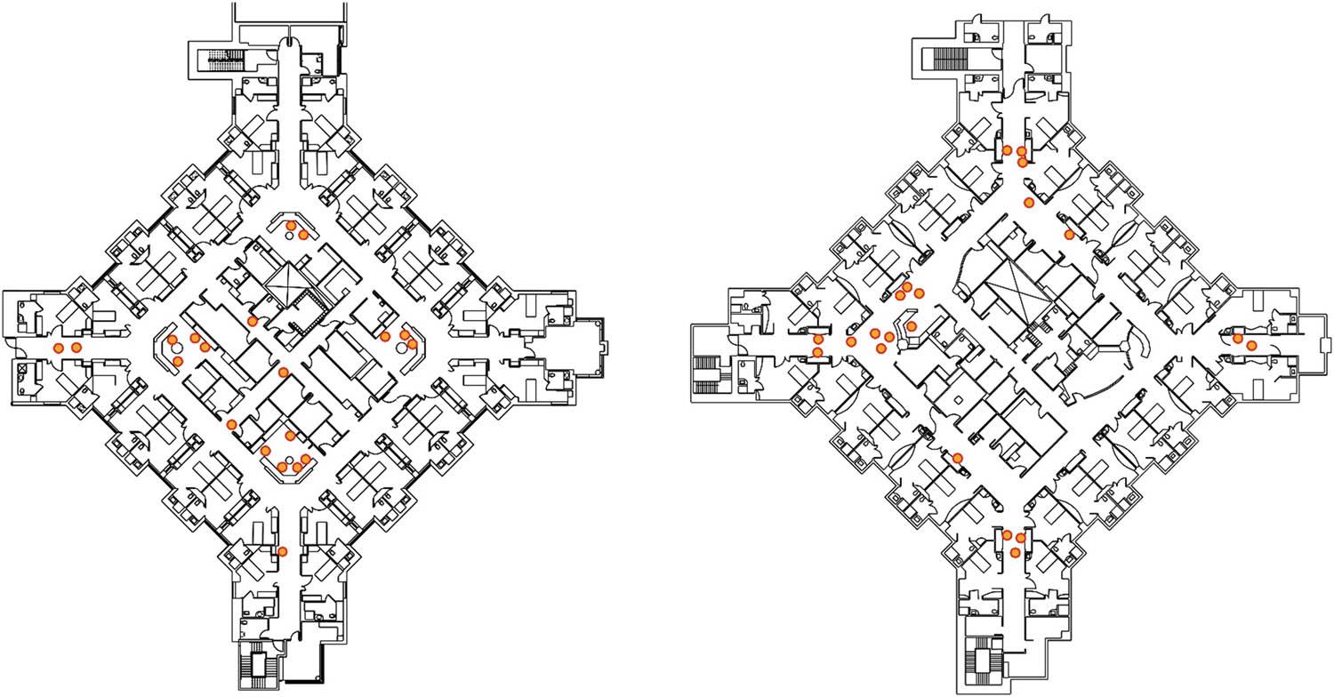 Sample behavior maps. Note: In these behavior maps, dots mark the locations of members of the care team observed during a behavior mapping session in the AAU (left) and MSU (right). Both maps were taken near noon on the same day. AAU, acuity adaptable unit; MSU, medical-surgical unit.