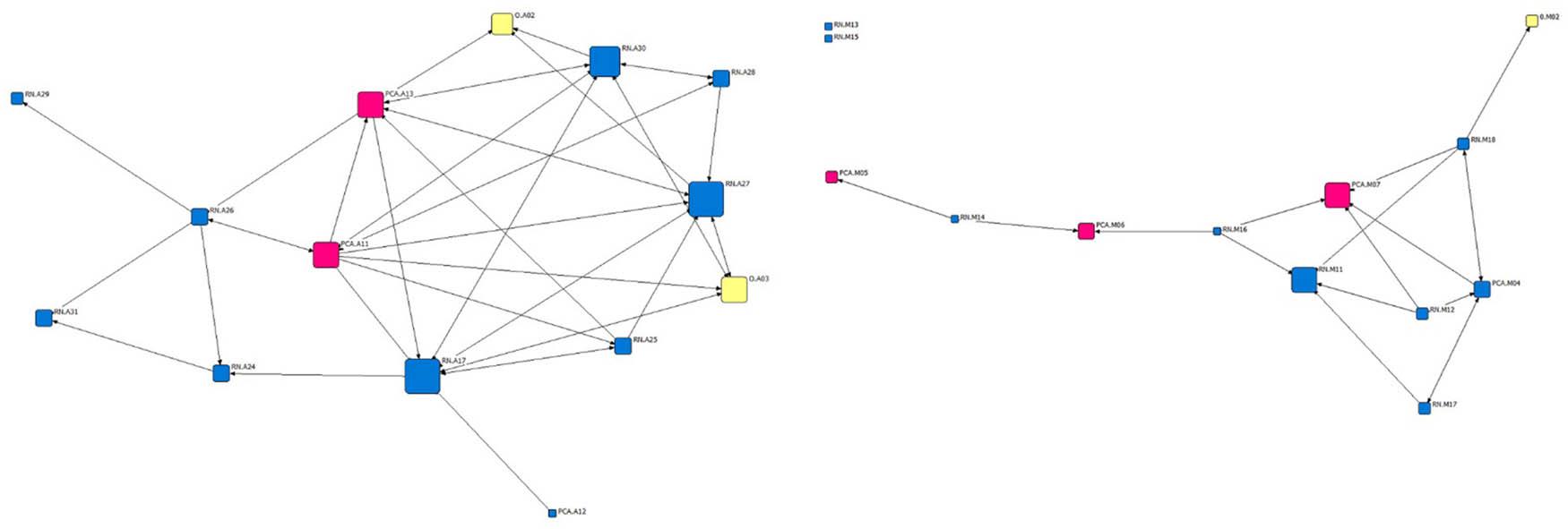 Sociogram of indegree for frequent or constant patient-related communication. Note: In these sociograms of indegree, the AAU appears on the left and MSU is on the right. The size of each node reflects the indegree value, with large nodes corresponding to higher indegree. Blue nodes represent RNs, pink nodes represent PCAs, and yellow notes represent other care team workers. Note that in the MSU sociogram, two RNs are isolates. AAU, acuity adaptable unit; MSU, medical-surgical unit; PCAs, personal care assistants; RNs, registered nurses.