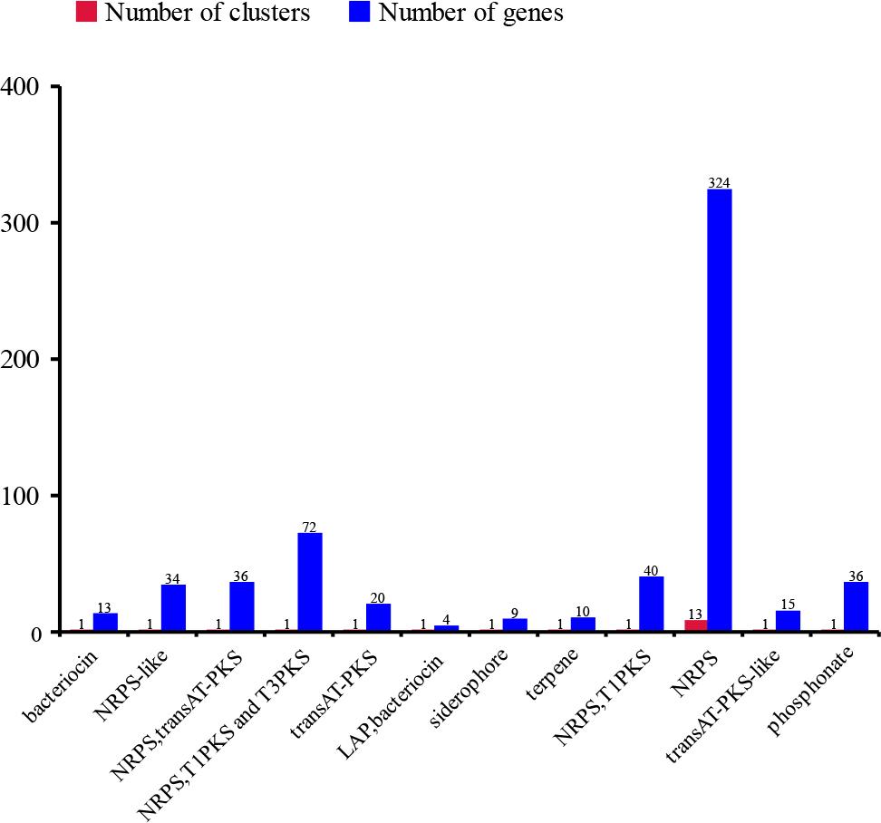 uantities of secondary metabolic gene clusters in the genome of the Brevibacillus laterosporus XJ-24-3 isolate