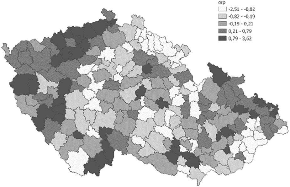 Regression residual values in the map – ANO 2011.