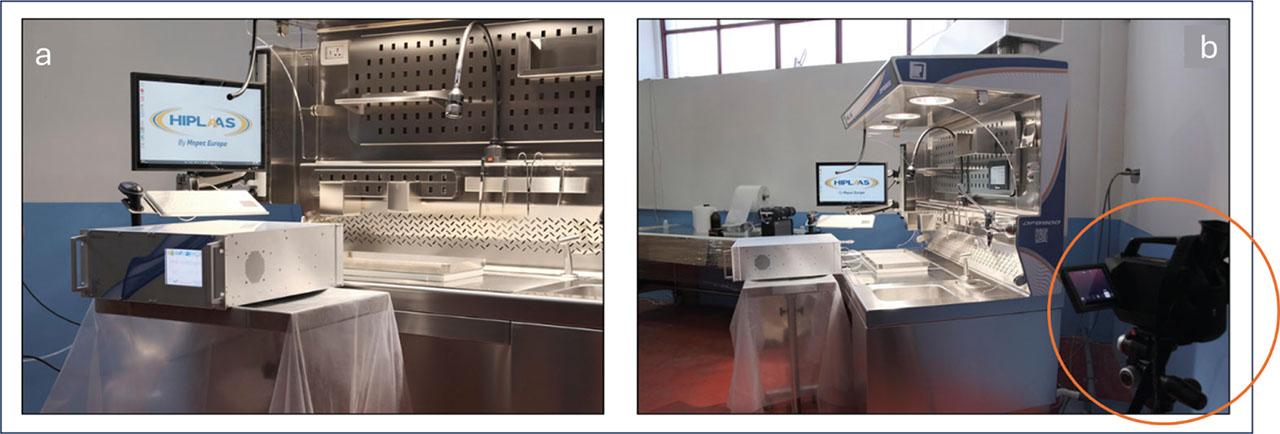 Test to assess formaldehyde gas containment on the worktop of the DFB900 grossing station: a) pre-calibrated laser infrared spectrometer; b) optical gas detection thermal camera