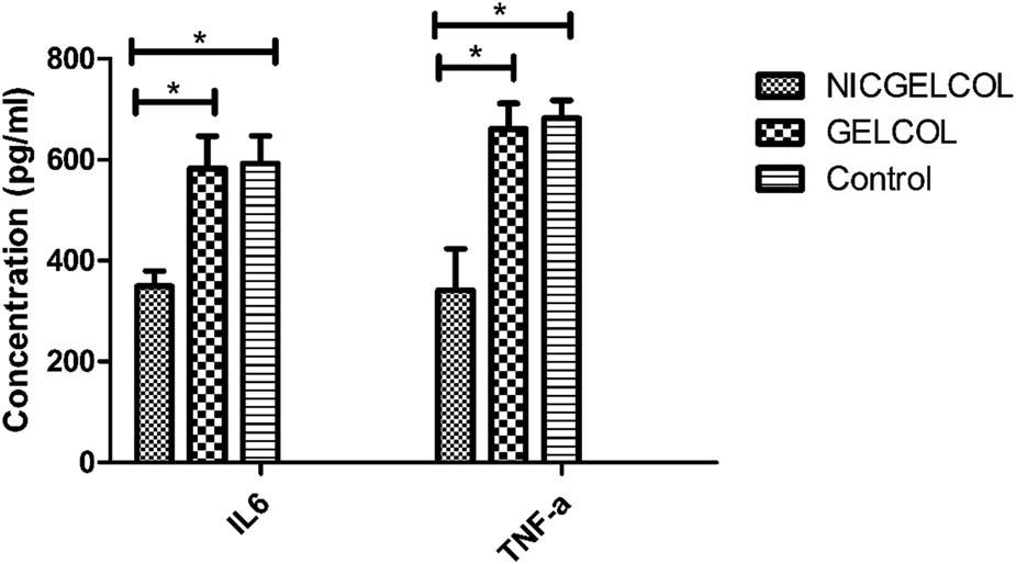 ELISA results demonstrating the tissue concentrations of IL6 and TNF-α in wound tissues treated with NICGELCOL and GELCOL sponges. * shows p-value <0.05.