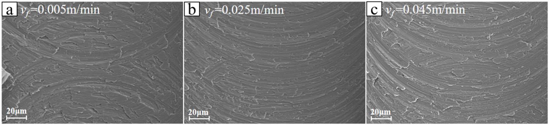SEM images of LF21 slot bottom under different feed rates: (a) 0.005 m/min, (b) 0.025 m/min, and (c) 0.045 m/min.