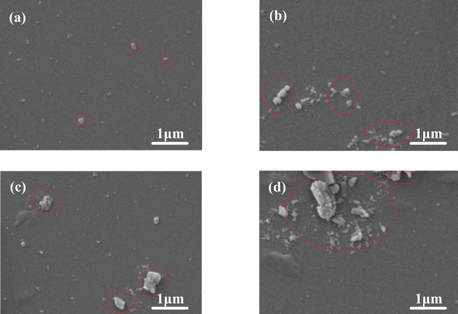 SEM images of titanium dioxide with different contents: (a) 3%, (b) 6%, (c) 9%, and (d) 12%.