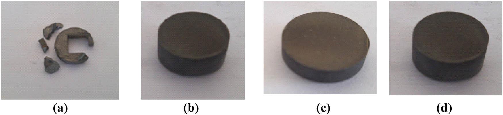(a–d) Specimen prepared via SPS method. (a) Layer-by-layer sintered specimen (94.85 wt% Inconel–4.5 wt% WC–0.5 wt% Co–0.15 wt% Gr), (b) uniformly mixed specimen (45 wt% Inconel–10 wt% WC–33 wt% Co–12 wt% Gr), (c) high cobalt content specimen (33 wt% Inconel–10 wt% WC–45 wt% Co–12 wt% Gr), and (d) high Inconel content specimen (90 wt% Inconel–4 wt% WC–5 wt% Co–1 wt% Gr).