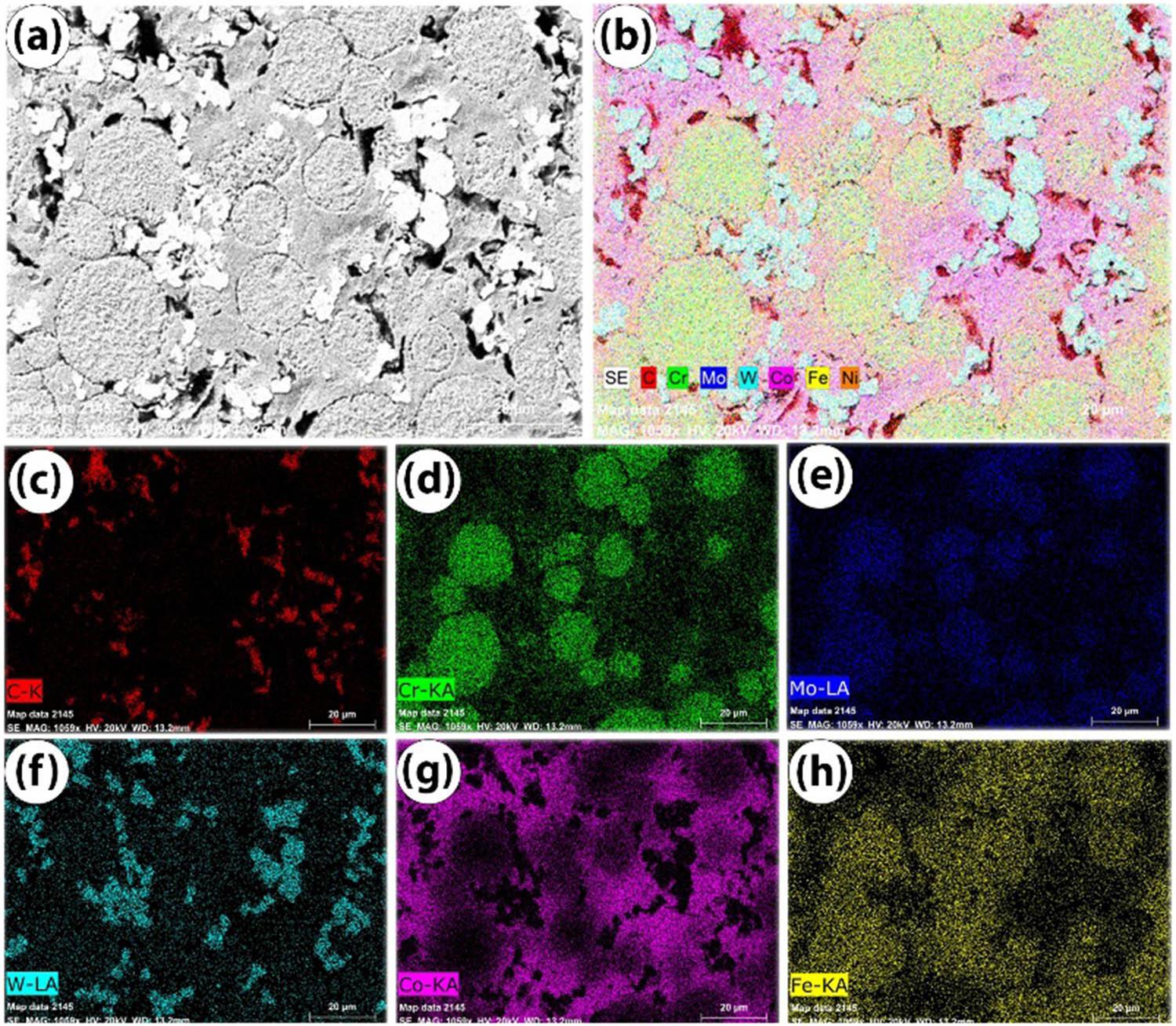 (a)–(h) EDAX area color mapping of the sample with 90 wt% Inconel, 4 wt% WC, 5 wt% Co, and 1 wt% graphene.