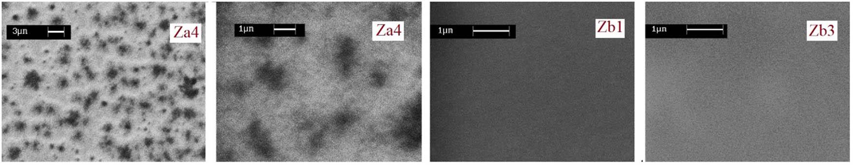 SEM micrographs of films Za4 (with two resolutions), Zb1, and Zb3.