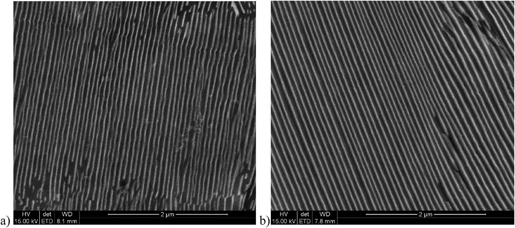 Image of the microstructure at the corner of the rail heads after heat treatment: (a) rail from melt no. 1 and (b) rail from melt no. 2.