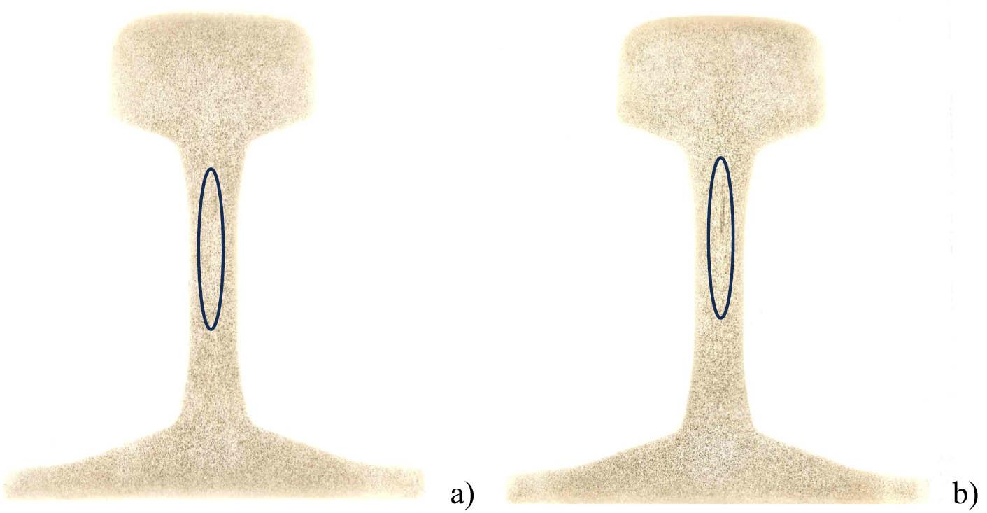 Baumann’s print: (a) Sample 5 – pattern D2 and (b) sample 5 – pattern D2. The area of slight negative and positive sulphur segregation in the rail web is marked.