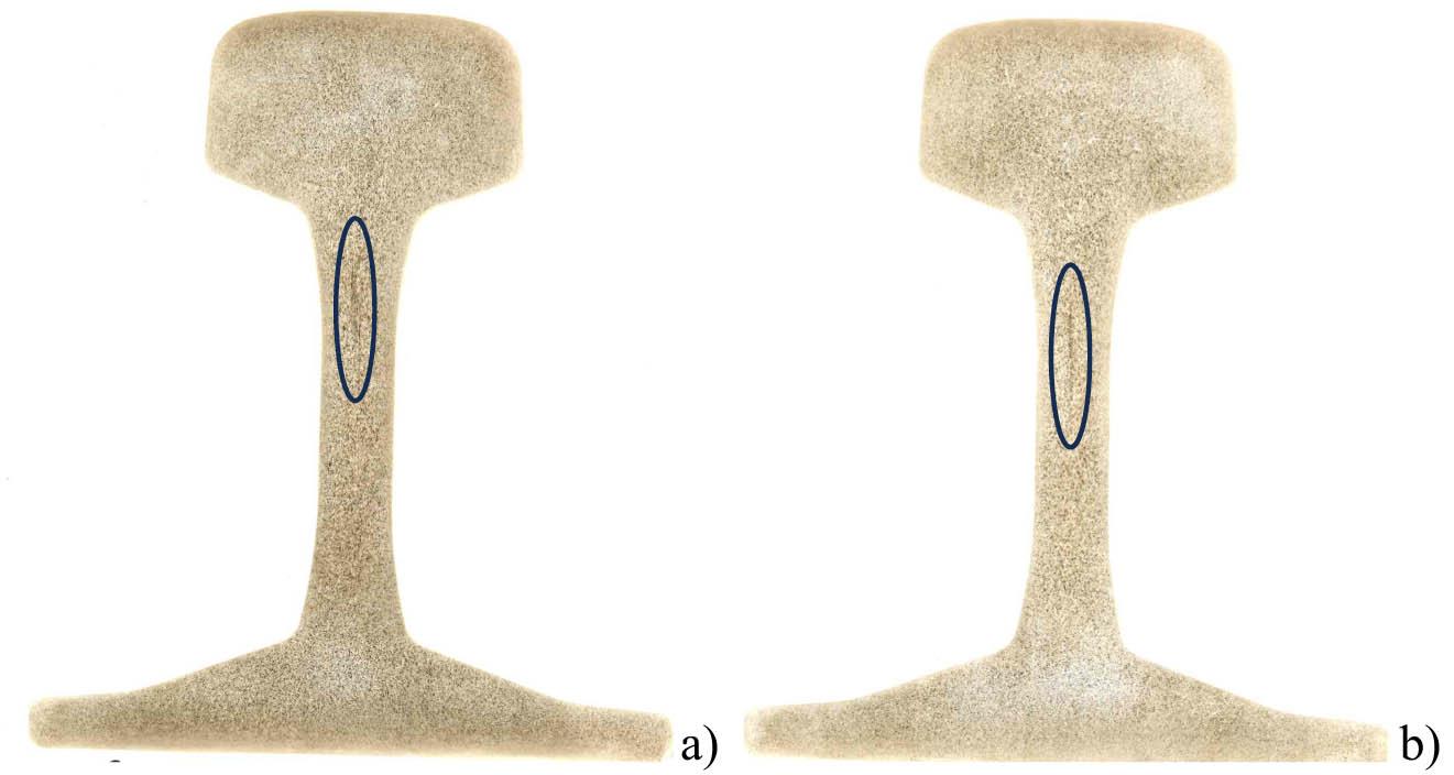 Baumann’s print: (a) Sample 6 – pattern D4 and (b) sample 6 – pattern D2. The area of slight negative sulphur segregation in the rail web is marked.
