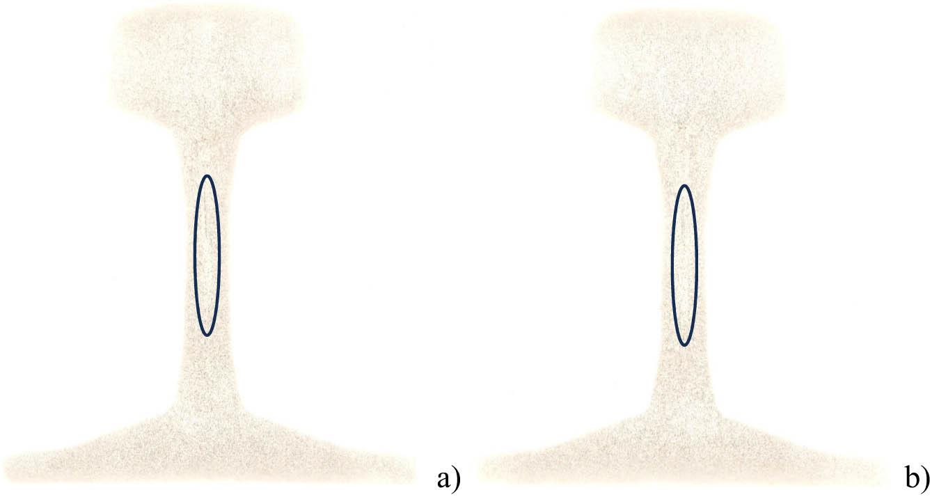 Baumann’s print: (a) Sample 7 – pattern D2 and (b) sample 7 – pattern D2. The area of positive sulphur segregation with a small amount of negative sulphur segregation in the rail web is marked.