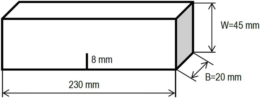 Dimensions of the sample for testing the fatigue crack growth rate.