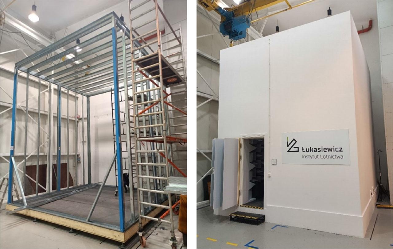 The anechoic chamber at Ł-ILOT during construction and after completion.