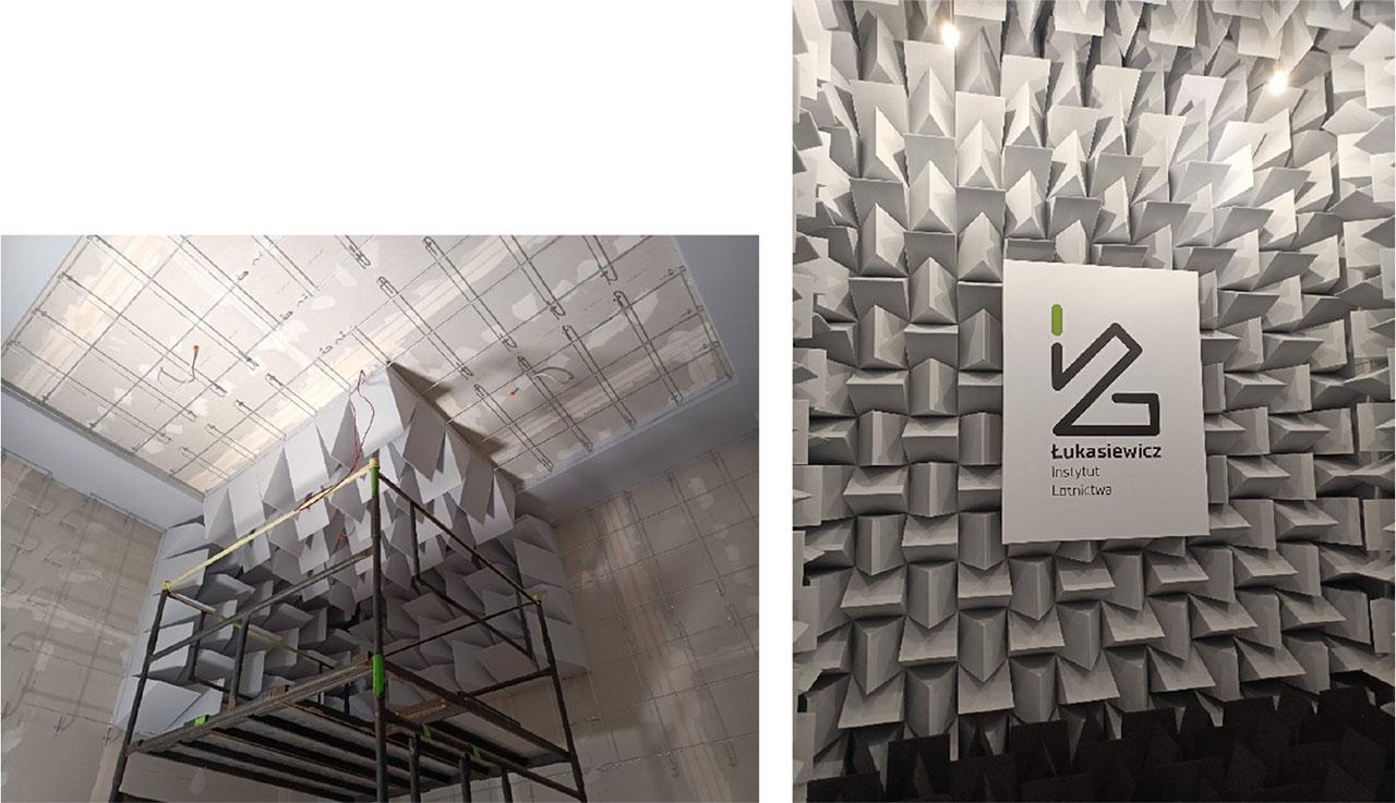 The acoustic lining of the chamber, during installation and after completion.