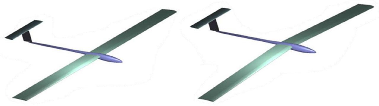 Sketches of the jig shape of the solar UAV under analysis. Dihedral angle: 0 deg, −3 deg.