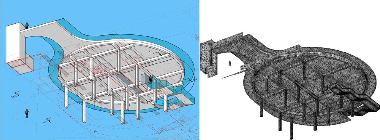 The Gdynia Hospital Helipad: 3D model compared to the construction drawings, and the corresponding computational mesh.