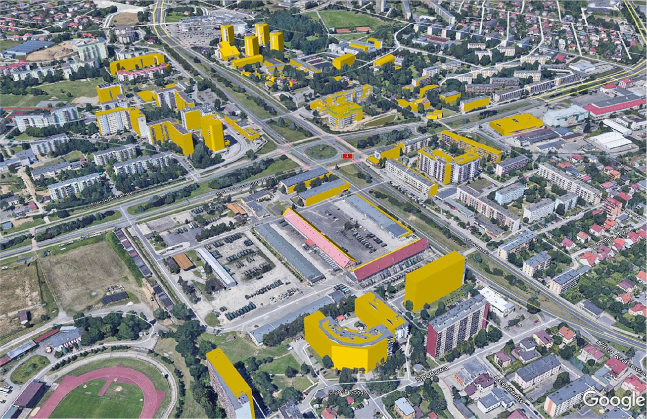 Hospital in Rzeszów – overlapping LIDAR (textured) and 3D (yellow) model of whole city blocks.